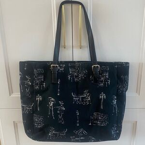 TALBOTS Fabric Black Tote Bag white & black Paris themed pattern leather straps
